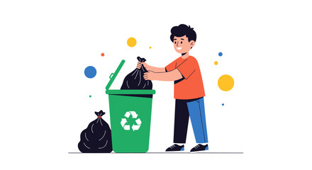 Young boy actively participating in waste management and environmental cleanup efforts