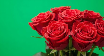 Fototapeta premium A beautiful bouquet of fresh red roses against a vibrant green background.