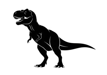 Obraz premium Dynamic black silhouette of a mighty carnivorous dinosaur, an iconic prehistoric predator, isolated on a white background for design