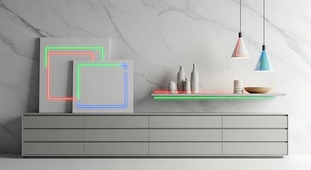 Modern interior with shelf and decorative items against marble wall and neon lights image photo