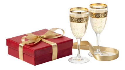 Two Gold Rimmed Champagne Glasses with Sparkling Wine and Red Gift Box with Gold Ribbon Isolated on a transparent background