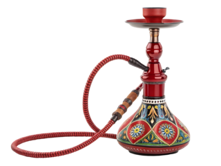 Ornate Red Hookah with Colorful Floral Base and Red Hose Isolated on a Transparent Background shisha