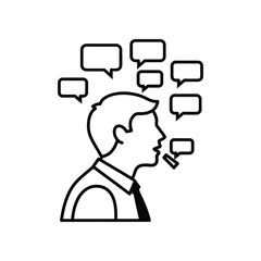 Communication of Business Ideals: A clean, minimalist outline showcases a figure lost in thought, framed by a constellation of thought bubbles, elegantly conveying the exchange of concepts and ideas.