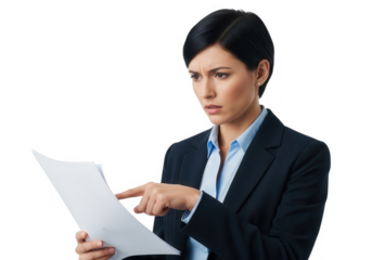 Businesswoman analyzing document with serious expression isolated on transparent background