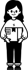 black and white illustration of a woman is holding a parcel box