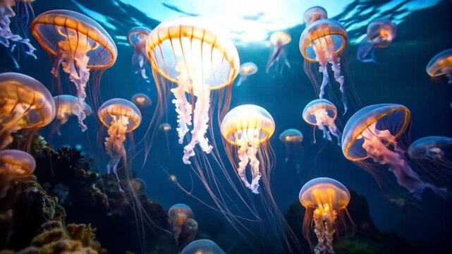 Jellyfish Swarm: Bioluminescent Creatures Floating in Ocean Depths
