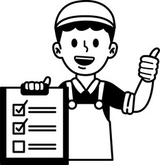 black and white illustration of A delivery man is holding a clipboard