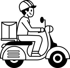 black and white illustration of A male delivery man is riding a motorcycle to deliver