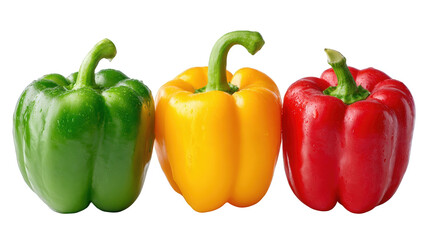 Three bell peppers in a row, vibrant colors
