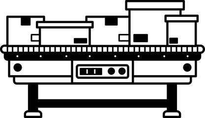 black and white illustration of A conveyor belt with parcel boxes on it