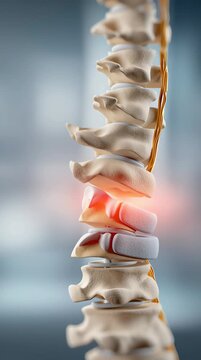 Detailed anatomical illustration of a human spine with highlighted disc herniation, showcasing nerve compression and spinal structure. vertical video