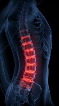 Illuminated human spine highlighting vertebral discs and bones, showcasing the intricate structure and potential areas of pain or injury in a medical context. vertical video