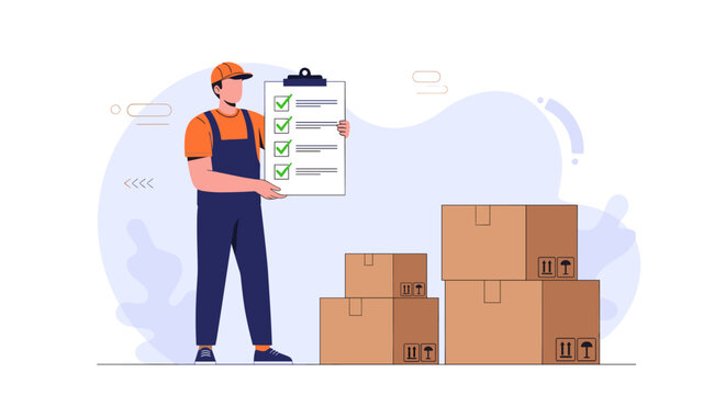 Efficient mover with checklist completes delivery with stacked boxes, great for logistics and shipping ads