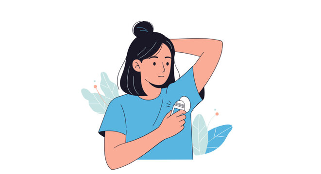 Young woman applying deodorant for personal hygiene and freshness in a clean, simple illustration