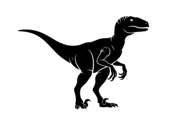 Fototapeta premium Dynamic black silhouette of a velociraptor dinosaur in a predatory stance. Prehistoric animal vector illustration isolated on a white background
