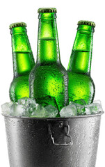 Three green bottles of cold beer in a metal bucket