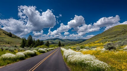 Country road landscape with wildflowers and scenic blue sky clouds for travel and nature photography