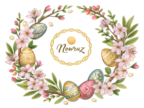 Circular Nowruz Card Design Featuring Pink Blossoms Gold and Teal Decorated Eggs and a Gold Frame isolated on a transparent background - Powered by Adobe