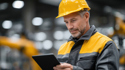 male technician using tablet standing at factory