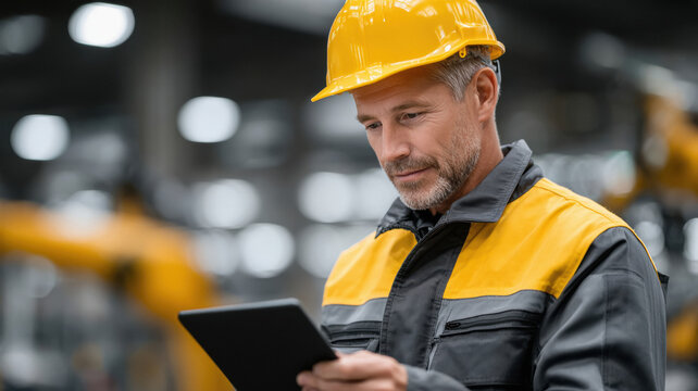 male technician using tablet standing at factory