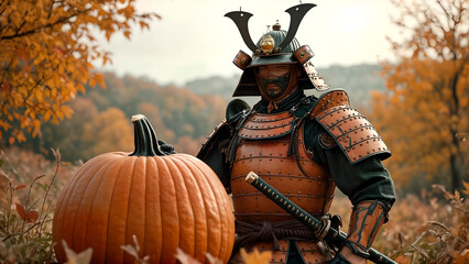 A colorful pumpkin samurai spirit stands tall in a mysterious and mystical atmosphere.