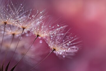 Delicate dandelion seed heads, covered in morning dew, against a soft, pink-purple bokeh background