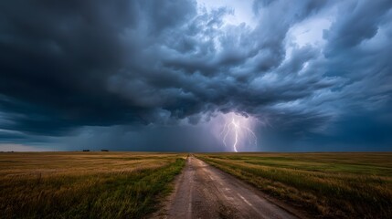 Fototapeta premium Lightning storm over rural road landscape photography dramatic sky nature photography travel photography