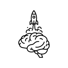 Mind's Ascent: A striking, clean-lined image of a rocket taking off from the contours of a human brain, an abstract concept symbolizing innovation, creativity, and the launch of new ideas.