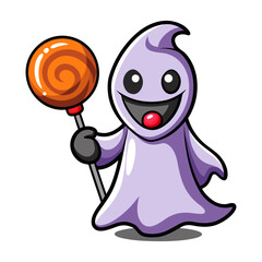 Cute Ghost Holding Glowing Lollipop Vector Illustration, Halloween Candy Design, Spooky Sweet Treat, Fun Cartoon Ghost Artwork