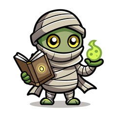 Cute cartoon mummy holding glowing magical spellbook vector illustration for Halloween, spooky decorations, kids t-shirt designs and stickers