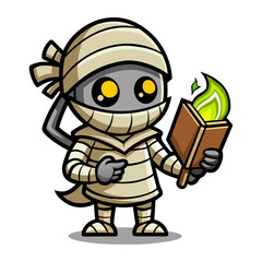 Cute cartoon mummy holding glowing magical spellbook vector illustration for Halloween, spooky decorations, kids t-shirt designs and stickers