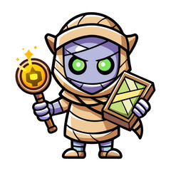 Cute cartoon mummy holding glowing magical spellbook vector illustration for Halloween, spooky decorations, kids t-shirt designs and stickers