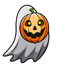 Spooky Halloween ghost painting glowing jack-o’-lantern pumpkin faces with magical brush, haunted night vector illustration for decoration