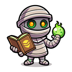 Cute cartoon mummy holding glowing magical spellbook vector illustration for Halloween, spooky decorations, kids t-shirt designs and stickers