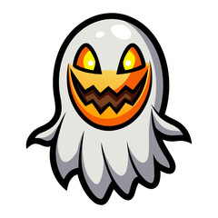 Spooky Halloween ghost painting glowing jack-o’-lantern pumpkin faces with magical brush, haunted night vector illustration for decoration