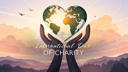 International Day of Charity, Heart shaped globe held by caring hands symbolizing love and unity.