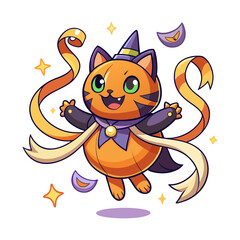 Cute pumpkin cat floating with magical ribbons Halloween vector illustration, whimsical spooky feline artwork perfect for festive seasonal designs