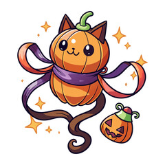 Cute pumpkin cat floating with magical ribbons Halloween vector illustration, whimsical spooky feline artwork perfect for festive seasonal designs