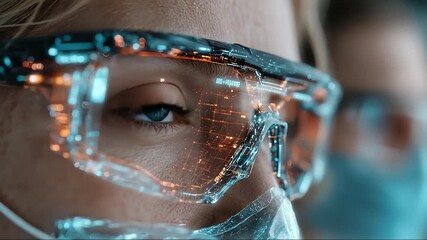 Female Scientist's Intense Gaze Through High-Tech AR Glasses with a Glowing Data Interface - Powered by Adobe