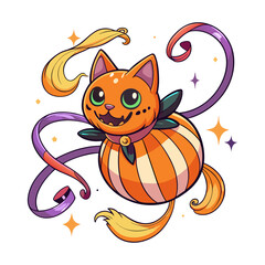 Cute pumpkin cat floating with magical ribbons Halloween vector illustration, whimsical spooky feline artwork perfect for festive seasonal designs