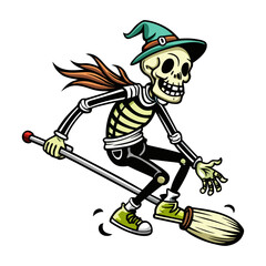 Cool skeleton riding a magical broomstick like skateboard spooky Halloween vector illustration isolated on white background for t-shirt design