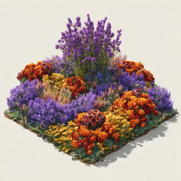 Colorful flowerbed design, square pattern, various blooms