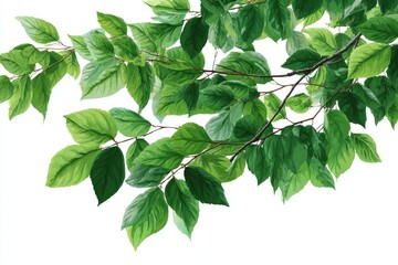 Fototapeta premium Lush green leaves on branches against white