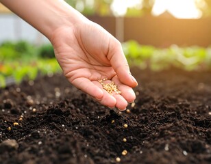 Hand scattering seeds into dark soil