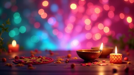 Festive glowing lamps and candles diwali festival