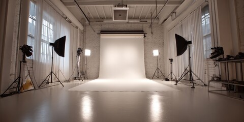 Empty professional photography studio with large white backdrop