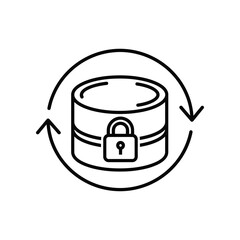 Secure Data Flow: A minimalist representation of a secure database, symbolized by a locked cylinder encircled by looping arrows, reflecting the cyclical and protected nature of data within.