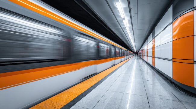 Subway train moving through a modern station