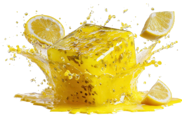 Lemon-flavored ice cube in splash