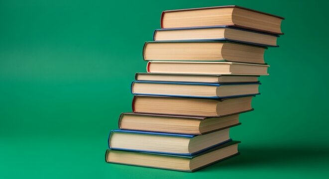 Precariously Balanced Stack of Books on Green Screen Background.
